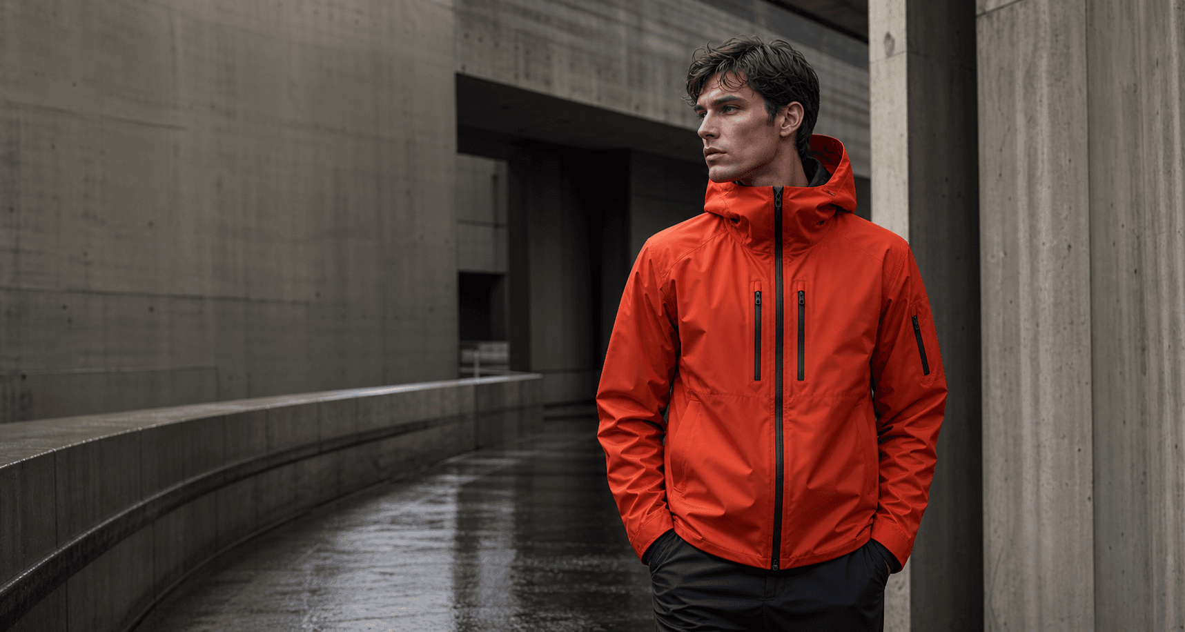 Model wearing the vermilion Transit shell in rain-darkened concrete architecture