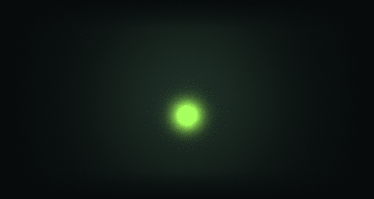 A small dense green phosphor core inside a vast faint residue halo; the core shows the 9,355 bytes Claude loads at startup beside 188,216 bytes of skill instructions available on demand