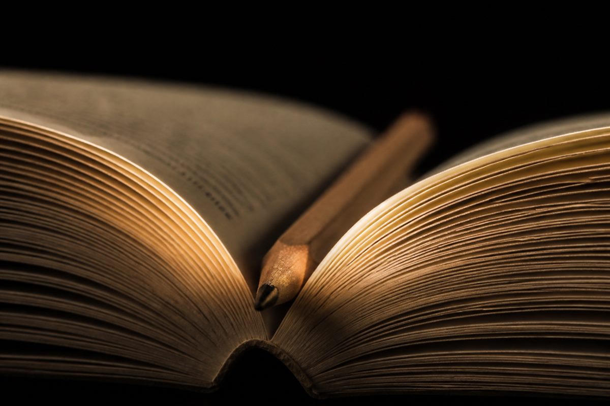 A close view of fanned book pages with a pencil resting in the gutter