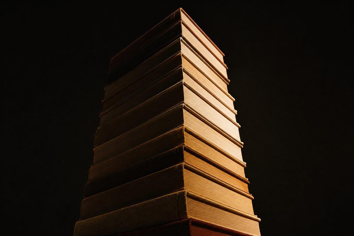 A tall stack of clothbound books rising out of shadow into a shaft of light