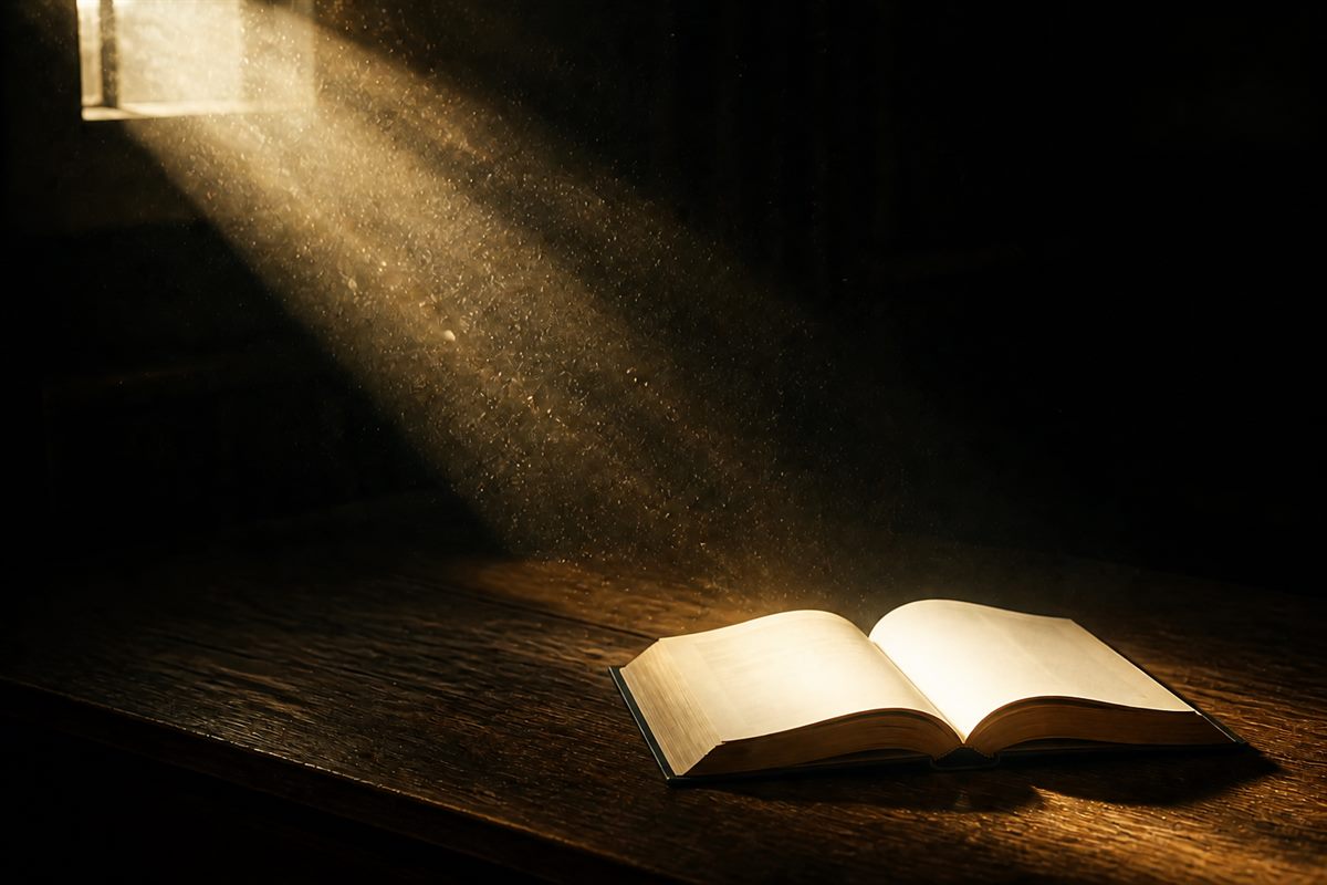 An open book on a dark wooden counter, lit by a beam of window light