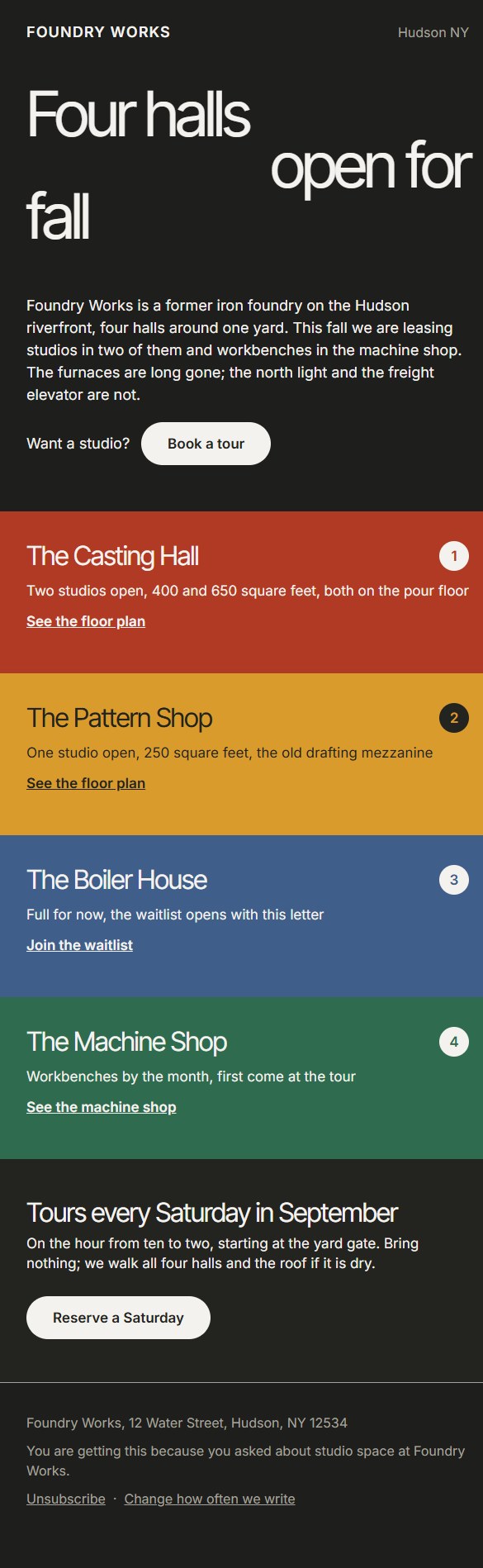 The same email rendered in dark mode: the canvas turns near-black, the text turns paper white, and the four hall slabs hold their colors
