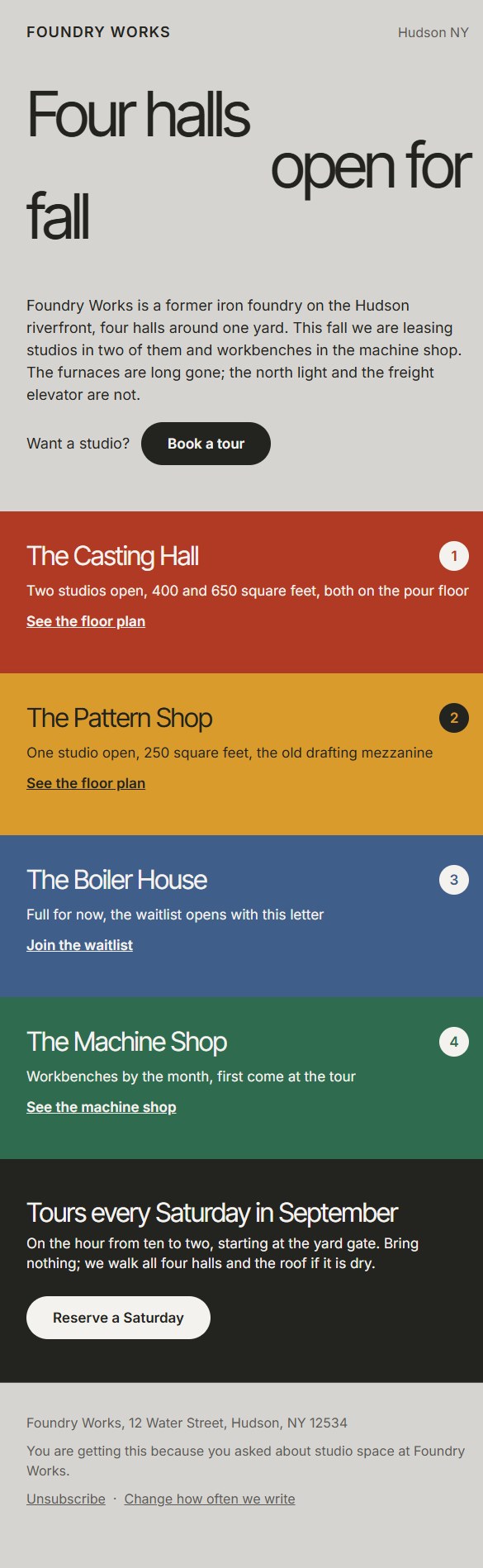 The full fall leasing email rendered in light mode: ink text on a concrete canvas above four colored hall slabs